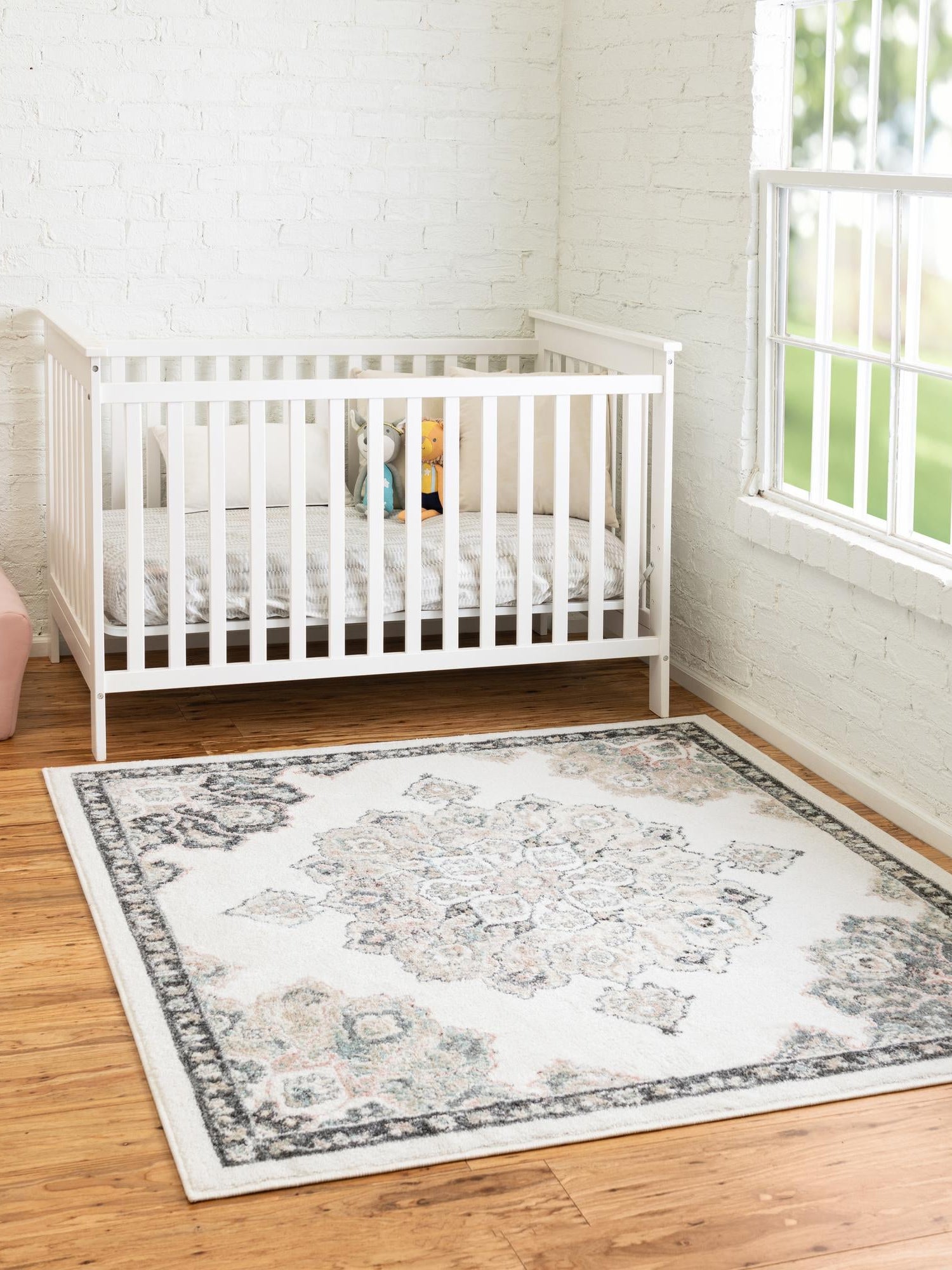 Ivory 7' 10 x 7' 10 Parker Square Area Rug Traditional Motif Classic Design Stain Resistant Carpet for Living, Dining, Bedrooms, Kitchen, Office for Sale at Rug Engine