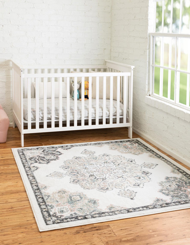 Ivory 7' 10 x 7' 10 Parker Square Area Rug Traditional Motif Classic Design Stain Resistant Carpet for Living, Dining, Bedrooms, Kitchen, Office for Sale at Rug Engine