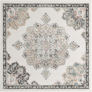 Ivory 5' x 5' Parker Square Area Rug Traditional Motif Classic Design Stain Resistant Carpet for Living, Dining, Bedrooms, Kitchen, Office for Sale at Rug Engine