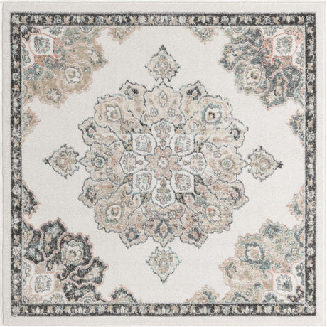 Ivory 5' x 5' Parker Square Area Rug Traditional Motif Classic Design Stain Resistant Carpet for Living, Dining, Bedrooms, Kitchen, Office for Sale at Rug Engine