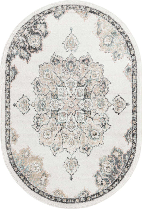 Ivory 4' x 6' Parker Oval Area Rug Traditional Motif Classic Design Stain Resistant Carpet for Living, Dining, Bedrooms, Kitchen, Office for Sale at Rug Engine