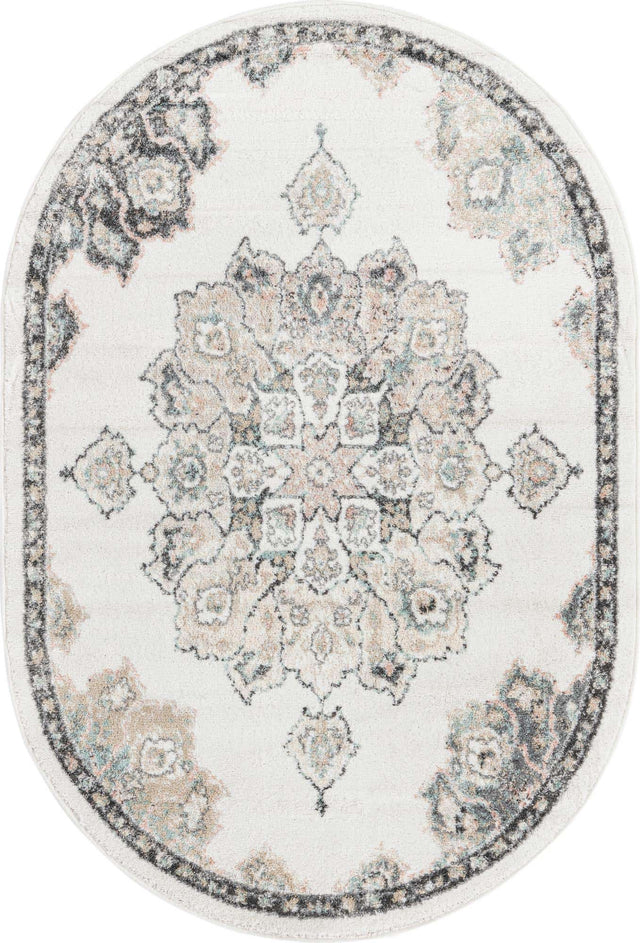 Ivory 4' x 6' Parker Oval Area Rug Traditional Motif Classic Design Stain Resistant Carpet for Living, Dining, Bedrooms, Kitchen, Office for Sale at Rug Engine
