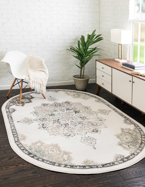 Ivory 5' x 8' Parker Oval Area Rug Traditional Motif Classic Design Stain Resistant Carpet for Living, Dining, Bedrooms, Kitchen, Office for Sale at Rug Engine