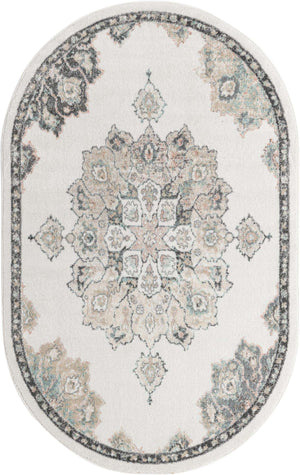Ivory 5' x 8' Parker Oval Area Rug Traditional Motif Classic Design Stain Resistant Carpet for Living, Dining, Bedrooms, Kitchen, Office for Sale at Rug Engine