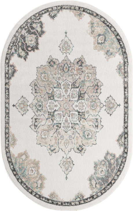 Ivory 5' x 8' Parker Oval Area Rug Traditional Motif Classic Design Stain Resistant Carpet for Living, Dining, Bedrooms, Kitchen, Office for Sale at Rug Engine