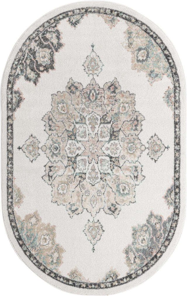 Ivory 5' x 8' Parker Oval Area Rug Traditional Motif Classic Design Stain Resistant Carpet for Living, Dining, Bedrooms, Kitchen, Office for Sale at Rug Engine