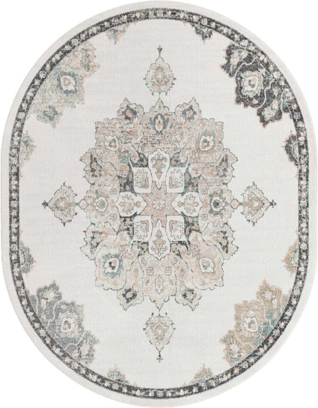 Ivory 7' 10 x 10' Parker Oval Area Rug Traditional Motif Classic Design Stain Resistant Carpet for Living, Dining, Bedrooms, Kitchen, Office for Sale at Rug Engine