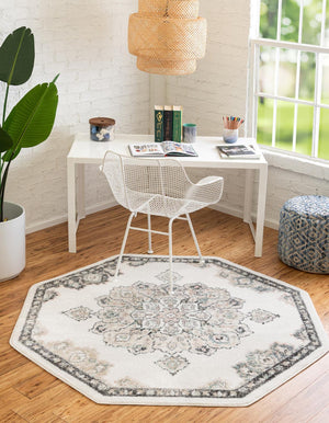 Ivory 5' x 5' Parker Octagon Area Rug Traditional Motif Classic Design Stain Resistant Carpet for Living, Dining, Bedrooms, Kitchen, Office for Sale at Rug Engine