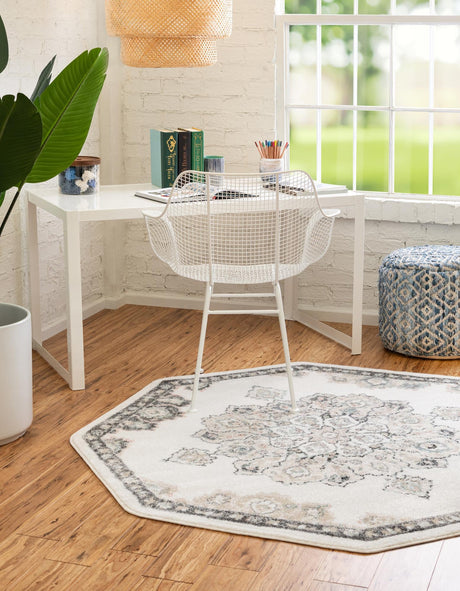 Ivory 5' x 5' Parker Octagon Area Rug Traditional Motif Classic Design Stain Resistant Carpet for Living, Dining, Bedrooms, Kitchen, Office for Sale at Rug Engine