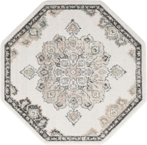 Ivory 5' x 5' Parker Octagon Area Rug Traditional Motif Classic Design Stain Resistant Carpet for Living, Dining, Bedrooms, Kitchen, Office for Sale at Rug Engine