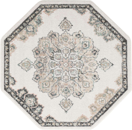 Ivory 5' x 5' Parker Octagon Area Rug Traditional Motif Classic Design Stain Resistant Carpet for Living, Dining, Bedrooms, Kitchen, Office for Sale at Rug Engine
