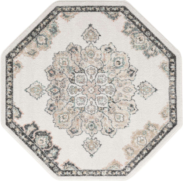Ivory 5' x 5' Parker Octagon Area Rug Traditional Motif Classic Design Stain Resistant Carpet for Living, Dining, Bedrooms, Kitchen, Office for Sale at Rug Engine