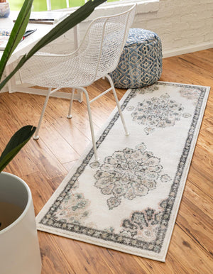 Ivory 2' x 8' Parker Runner Area Rug Traditional Motif Classic Design Stain Resistant Carpet for Living, Dining, Bedrooms, Kitchen, Office for Sale at Rug Engine