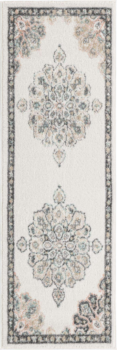 Ivory 2' x 6' Parker Runner Area Rug Traditional Motif Classic Design Stain Resistant Carpet for Living, Dining, Bedrooms, Kitchen, Office for Sale at Rug Engine