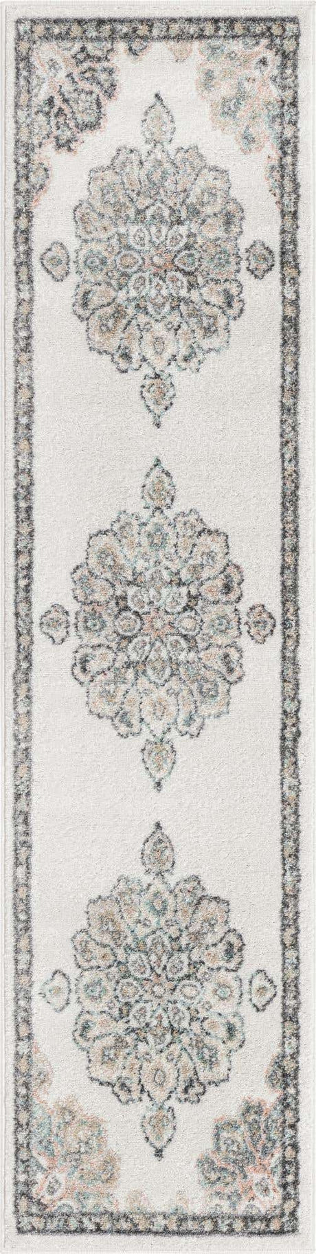 Ivory 2' x 8' Parker Runner Area Rug Traditional Motif Classic Design Stain Resistant Carpet for Living, Dining, Bedrooms, Kitchen, Office for Sale at Rug Engine
