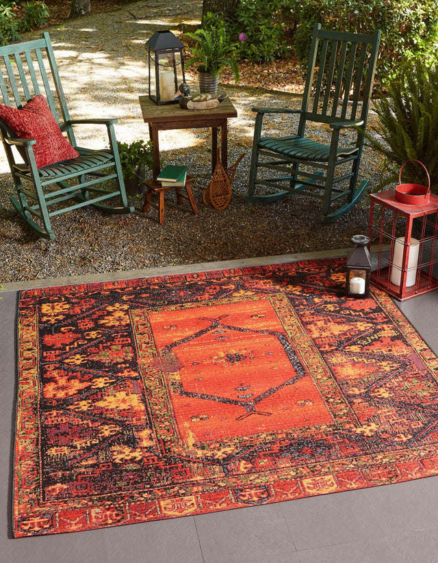 Multicolor 7' 10 x 7' 10 Outdoor Tribal Square Area Rug Weather Resistant for Patio, Deck, Terrace, Balcony, Porch Traditional Design Water Safe Outside Carpet for Sale at Rug Engine