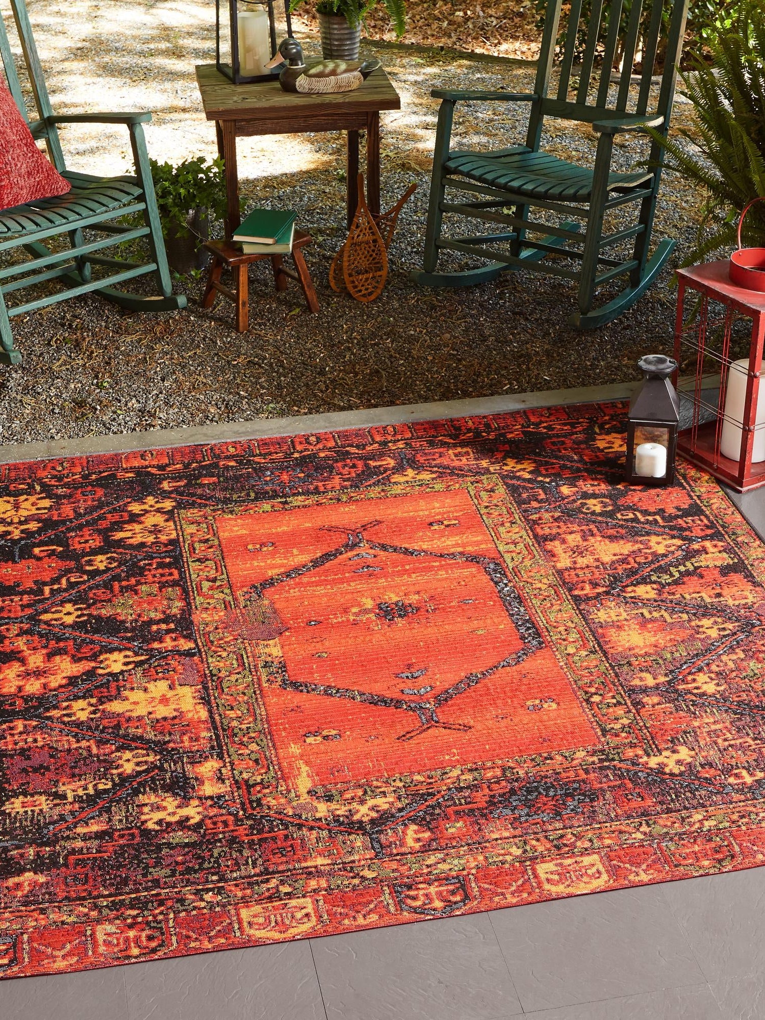 Multicolor 7' 10 x 7' 10 Outdoor Tribal Square Area Rug Weather Resistant for Patio, Deck, Terrace, Balcony, Porch Traditional Design Water Safe Outside Carpet for Sale at Rug Engine
