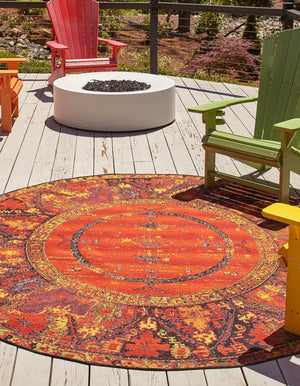 Multicolor 4' 1 x 4' 1 Outdoor Tribal Round Area Rug Weather Resistant for Patio, Deck, Terrace, Balcony, Porch Traditional Design Water Safe Outside Carpet for Sale at Rug Engine