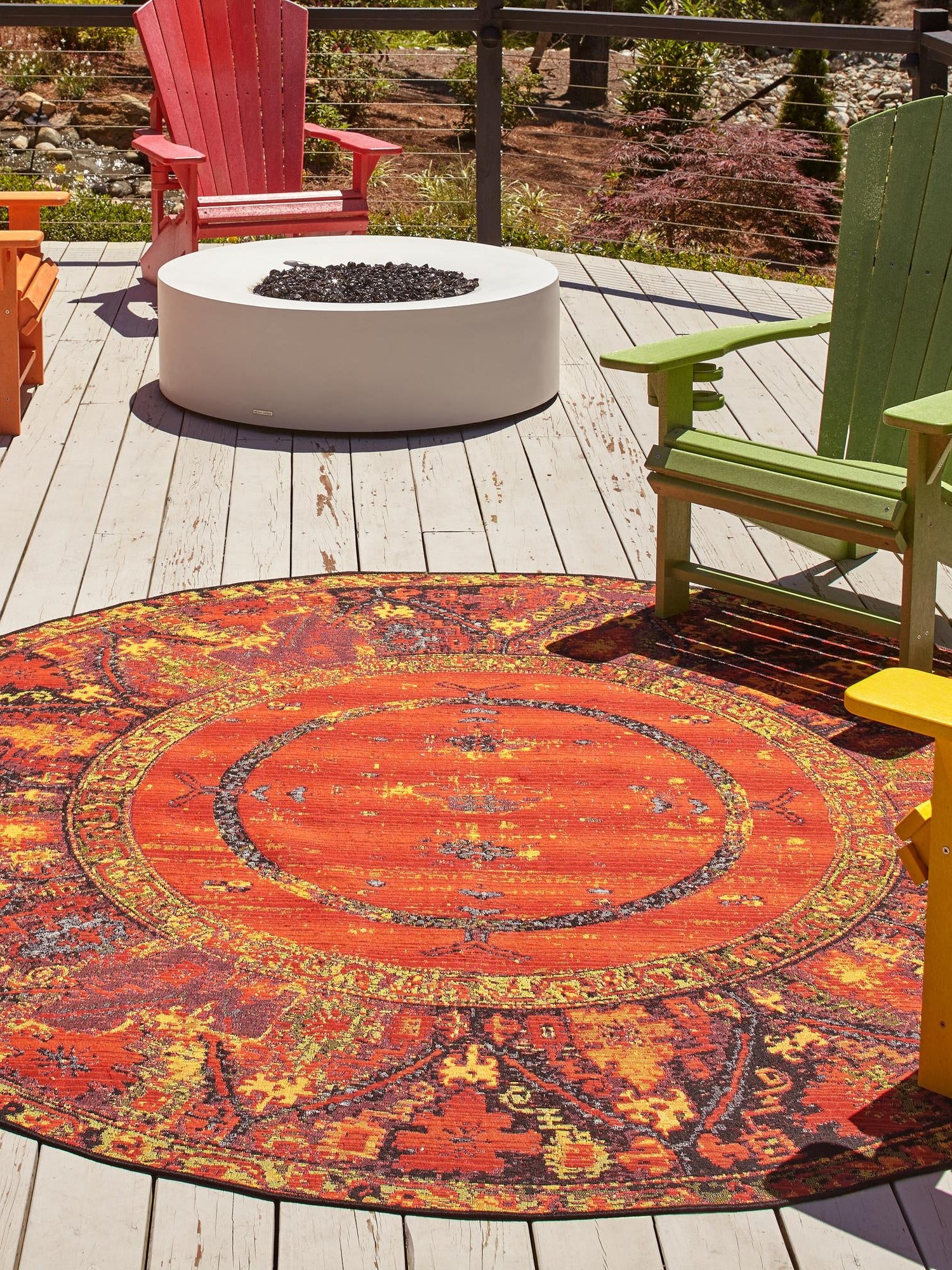 Multicolor 7' 1 x 7' 1 Outdoor Tribal Round Area Rug Weather Resistant for Patio, Deck, Terrace, Balcony, Porch Traditional Design Water Safe Outside Carpet for Sale at Rug Engine