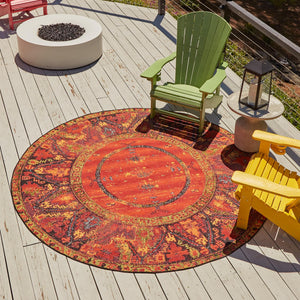 Multicolor 4' 1 x 4' 1 Outdoor Tribal Round Area Rug Weather Resistant for Patio, Deck, Terrace, Balcony, Porch Traditional Design Water Safe Outside Carpet for Sale at Rug Engine