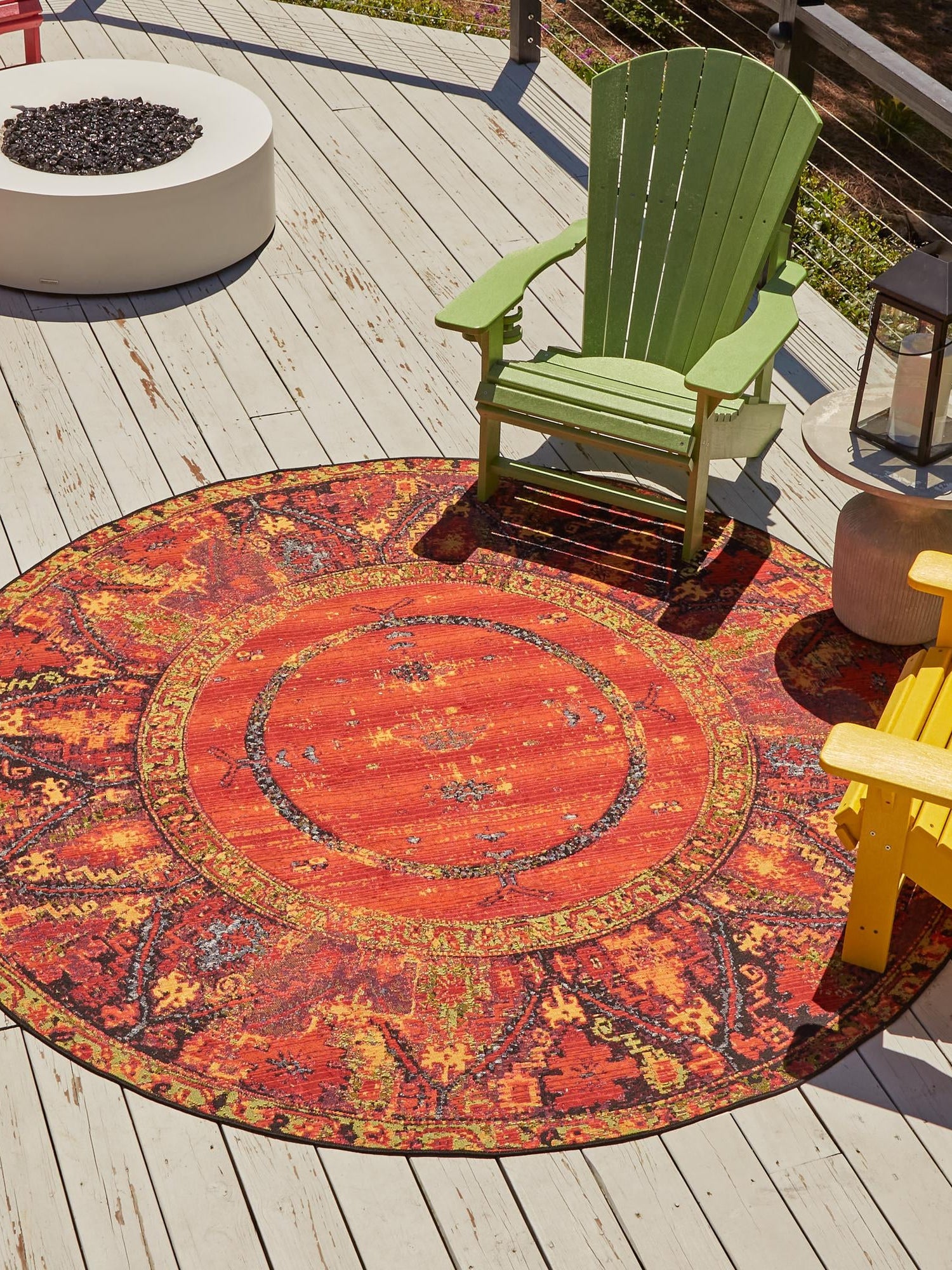 Multicolor 6' 1 x 6' 1 Outdoor Tribal Round Area Rug Weather Resistant for Patio, Deck, Terrace, Balcony, Porch Traditional Design Water Safe Outside Carpet for Sale at Rug Engine