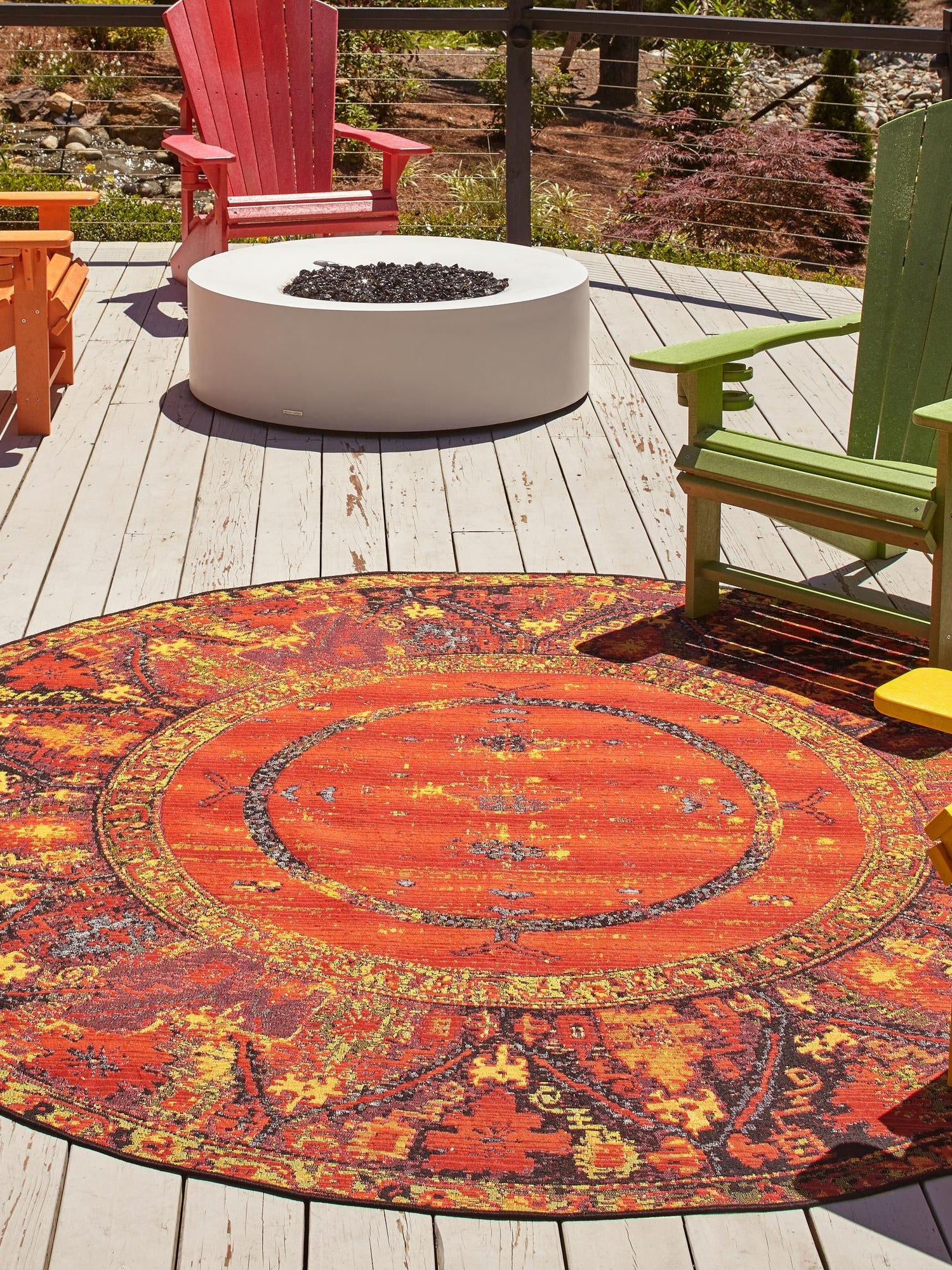 Multicolor 4' 1 x 4' 1 Outdoor Tribal Round Area Rug Weather Resistant for Patio, Deck, Terrace, Balcony, Porch Traditional Design Water Safe Outside Carpet for Sale at Rug Engine