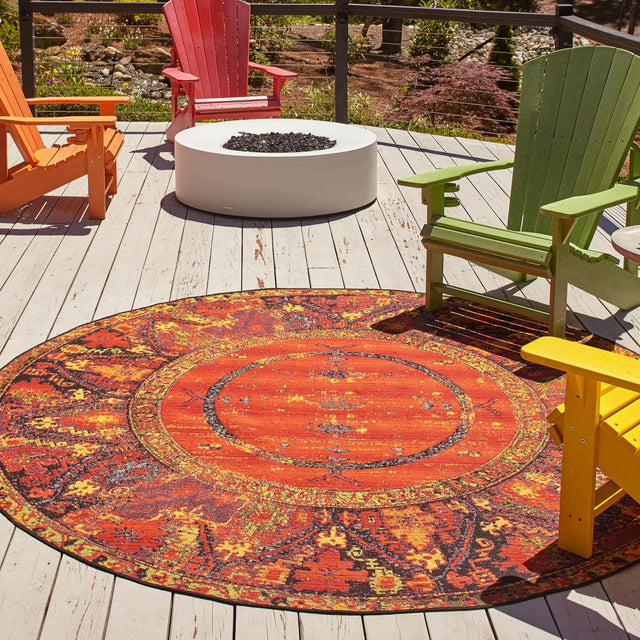Multicolor 7' 1 x 7' 1 Outdoor Tribal Round Area Rug Weather Resistant for Patio, Deck, Terrace, Balcony, Porch Traditional Design Water Safe Outside Carpet for Sale at Rug Engine