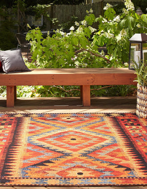 Multicolor 5' 3 x 5' 3 Outdoor Tribal Square Area Rug Weather Resistant for Patio, Deck, Terrace, Balcony, Porch Traditional Design Water Safe Outside Carpet for Sale at Rug Engine