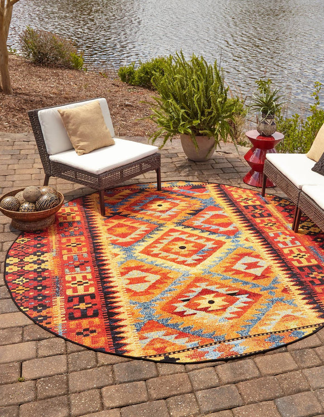 Multicolor 5' 1 x 5' 1 Outdoor Tribal Round Area Rug Weather Resistant for Patio, Deck, Terrace, Balcony, Porch Traditional Design Water Safe Outside Carpet for Sale at Rug Engine