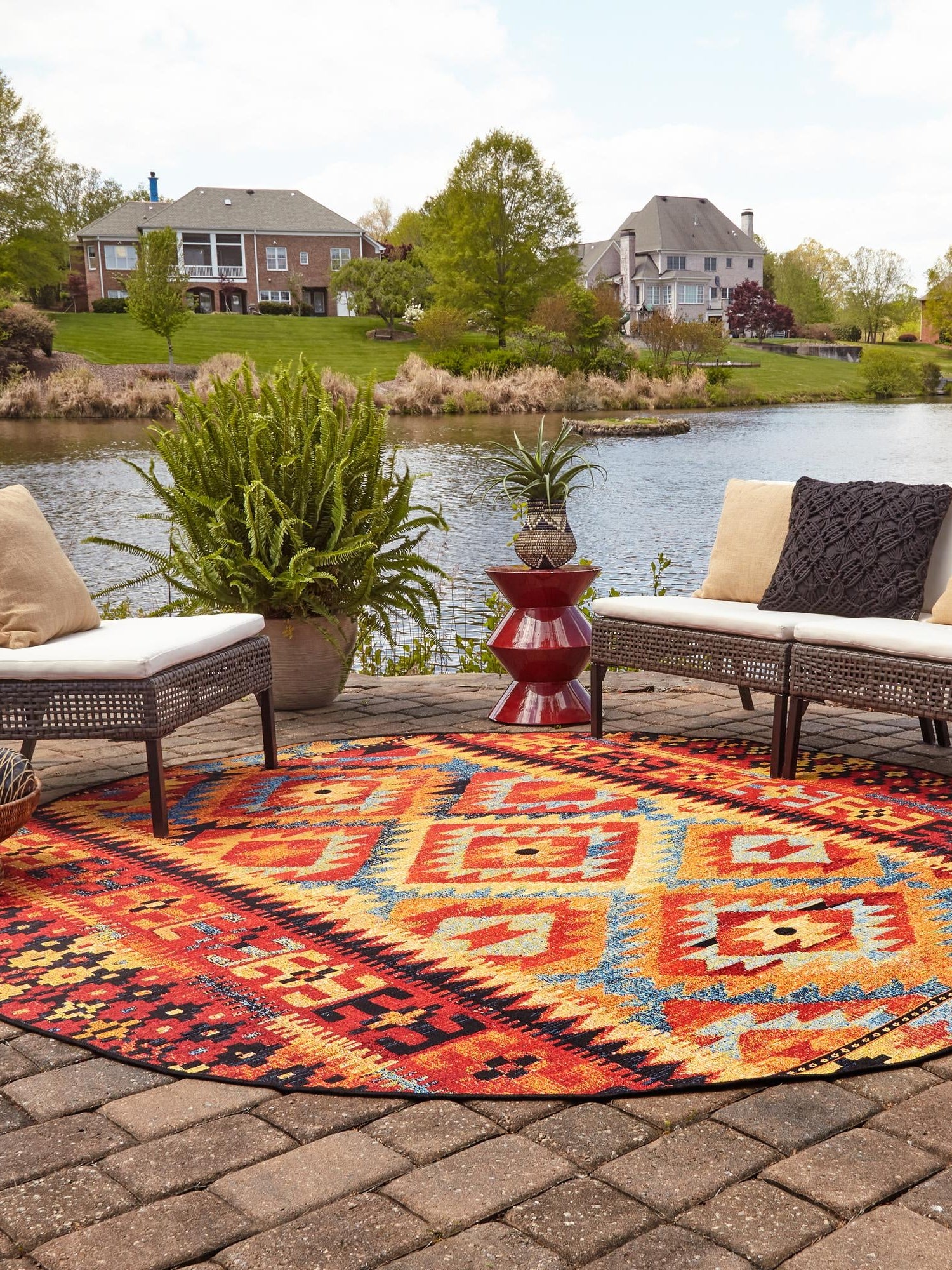 Multicolor 3' 1 x 3' 1 Outdoor Tribal Round Area Rug Weather Resistant for Patio, Deck, Terrace, Balcony, Porch Traditional Design Water Safe Outside Carpet for Sale at Rug Engine