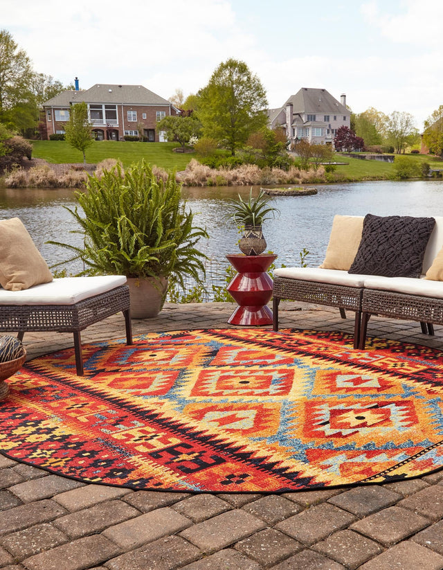 Multicolor 10' x 10' Outdoor Tribal Round Area Rug Weather Resistant for Patio, Deck, Terrace, Balcony, Porch Traditional Design Water Safe Outside Carpet for Sale at Rug Engine