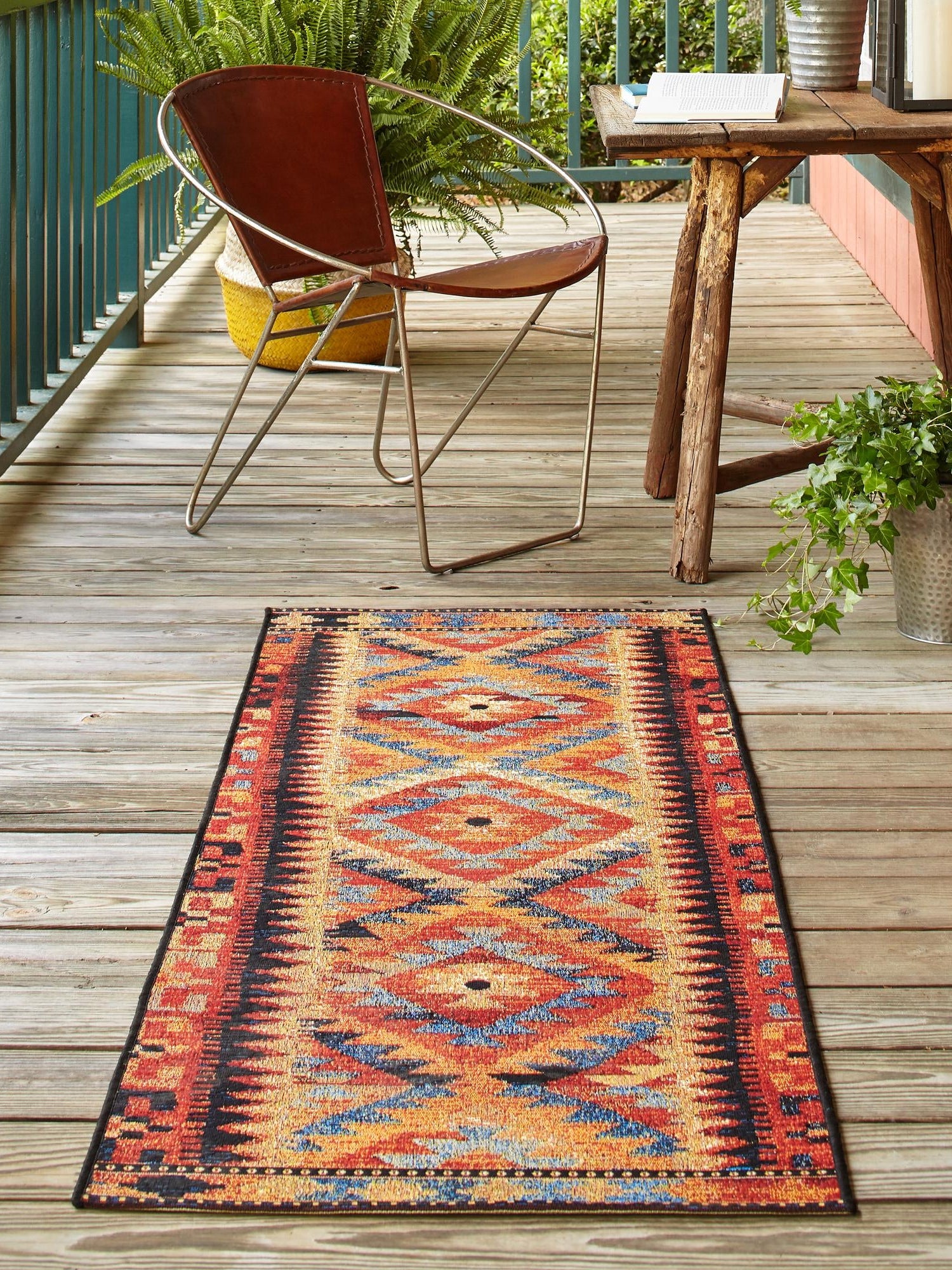 Multicolor 2' 7 x 7' 1 Outdoor Tribal Runner Area Rug Weather Resistant for Patio, Deck, Terrace, Balcony, Porch Traditional Design Water Safe Outside Carpet for Sale at Rug Engine