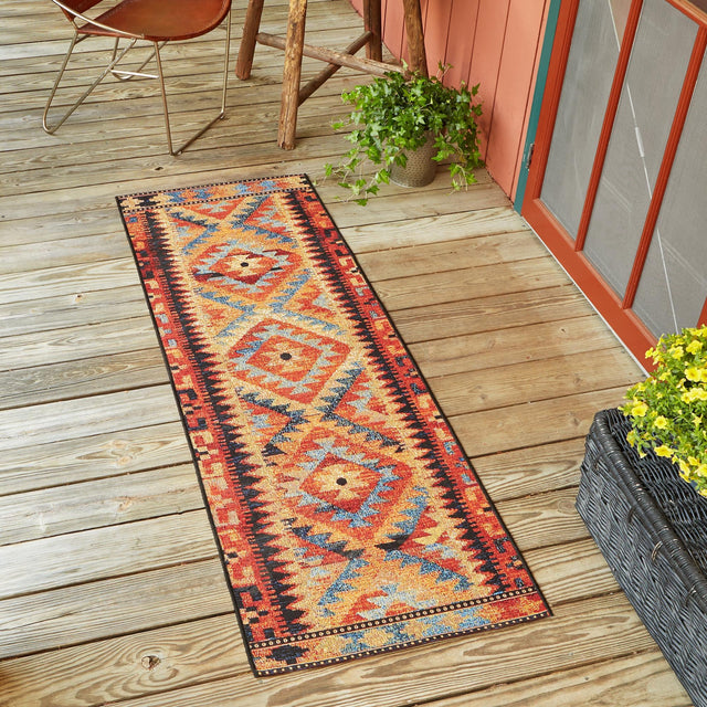 Multicolor 2' 7 x 5' 3 Outdoor Tribal Runner Area Rug Weather Resistant for Patio, Deck, Terrace, Balcony, Porch Traditional Design Water Safe Outside Carpet for Sale at Rug Engine