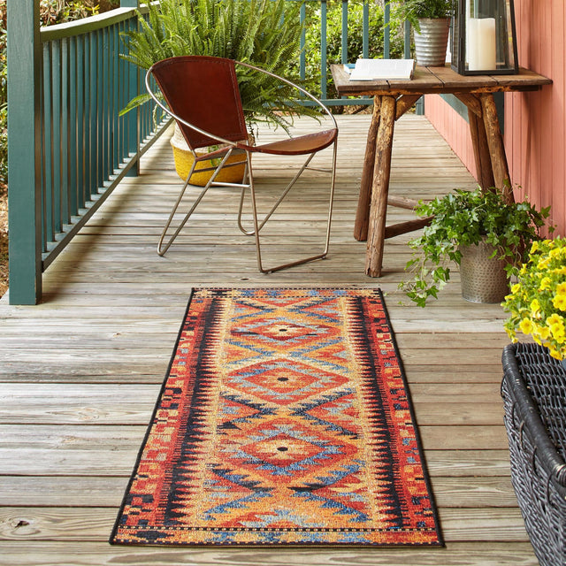 Multicolor 2' 7 x 5' 3 Outdoor Tribal Runner Area Rug Weather Resistant for Patio, Deck, Terrace, Balcony, Porch Traditional Design Water Safe Outside Carpet for Sale at Rug Engine