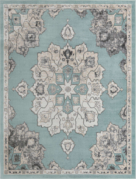 Aqua 10' x 13' Parker Rectangle Area Rug Traditional Motif Classic Design Stain Resistant Carpet for Living, Dining, Bedrooms, Kitchen, Office for Sale at Rug Engine