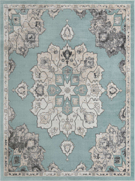 Aqua 9' x 12' Parker Rectangle Area Rug Traditional Motif Classic Design Stain Resistant Carpet for Living, Dining, Bedrooms, Kitchen, Office for Sale at Rug Engine