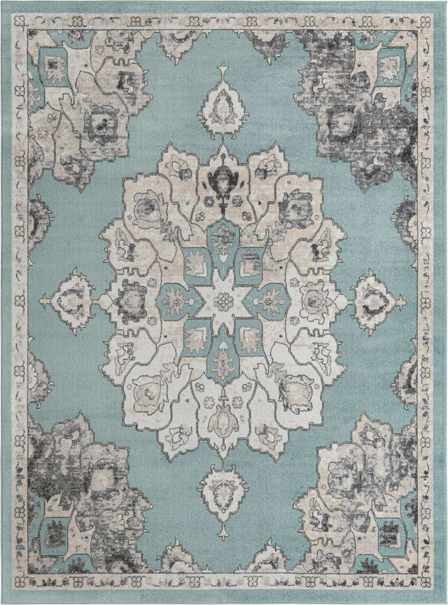 Aqua 9' x 12' Parker Rectangle Area Rug Traditional Motif Classic Design Stain Resistant Carpet for Living, Dining, Bedrooms, Kitchen, Office for Sale at Rug Engine