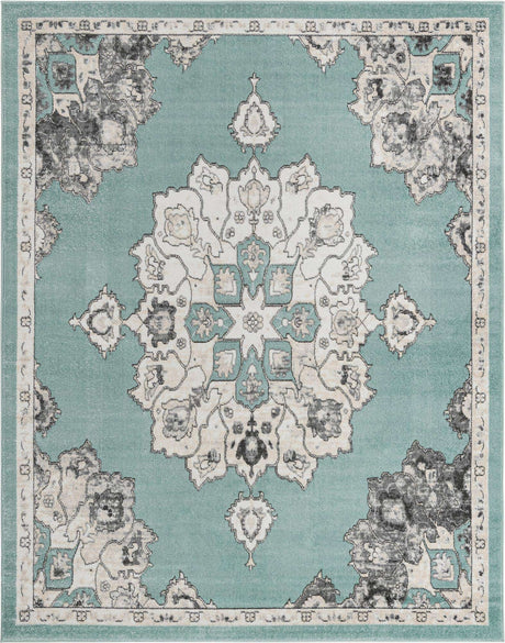 Aqua 7' 10 x 10' Parker Rectangle Area Rug Traditional Motif Classic Design Stain Resistant Carpet for Living, Dining, Bedrooms, Kitchen, Office for Sale at Rug Engine