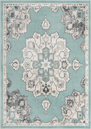 Aqua 7' x 10' Parker Rectangle Area Rug Traditional Motif Classic Design Stain Resistant Carpet for Living, Dining, Bedrooms, Kitchen, Office for Sale at Rug Engine