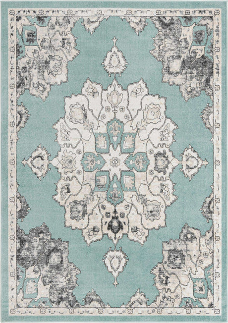 Aqua 7' x 10' Parker Rectangle Area Rug Traditional Motif Classic Design Stain Resistant Carpet for Living, Dining, Bedrooms, Kitchen, Office for Sale at Rug Engine