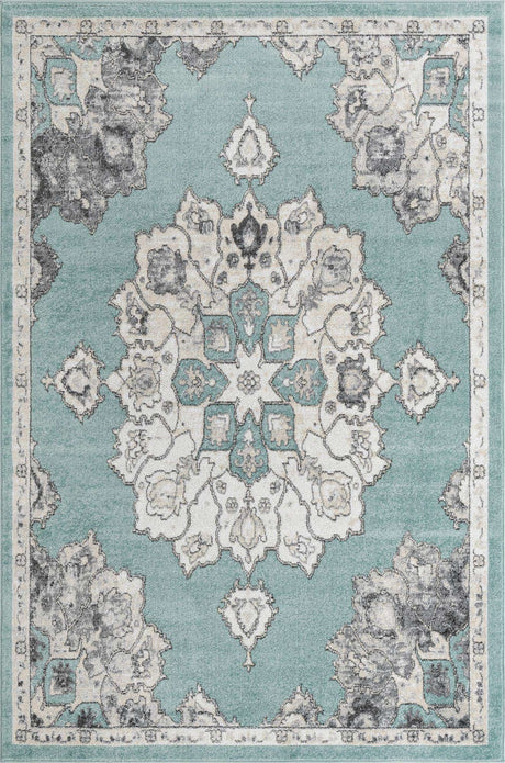 Aqua 6' x 9' Parker Rectangle Area Rug Traditional Motif Classic Design Stain Resistant Carpet for Living, Dining, Bedrooms, Kitchen, Office for Sale at Rug Engine