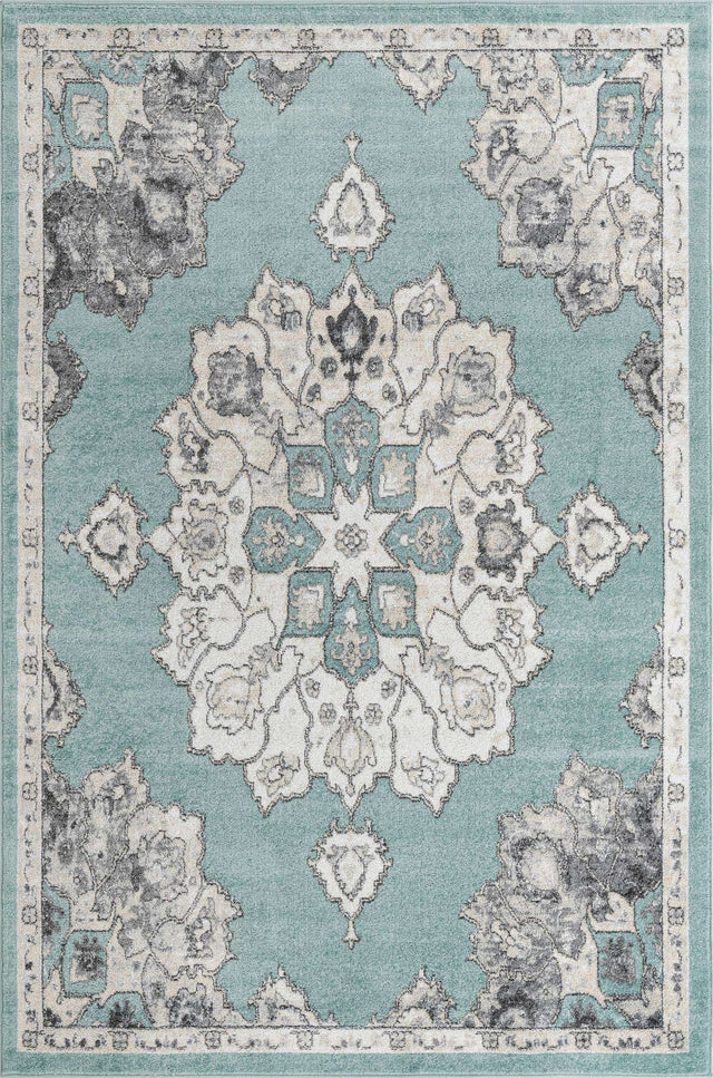 Aqua 6' x 9' Parker Rectangle Area Rug Traditional Motif Classic Design Stain Resistant Carpet for Living, Dining, Bedrooms, Kitchen, Office for Sale at Rug Engine