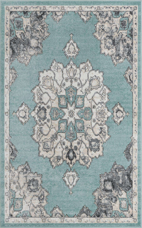 Aqua 5' x 8' Parker Rectangle Area Rug Traditional Motif Classic Design Stain Resistant Carpet for Living, Dining, Bedrooms, Kitchen, Office for Sale at Rug Engine
