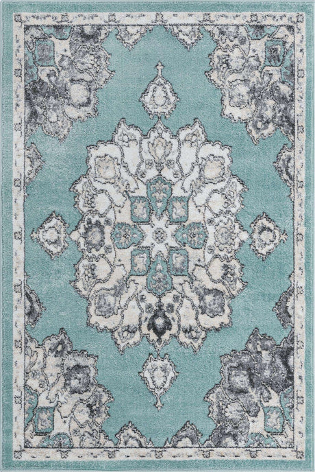 Aqua 4' x 6' Parker Rectangle Area Rug Traditional Motif Classic Design Stain Resistant Carpet for Living, Dining, Bedrooms, Kitchen, Office for Sale at Rug Engine