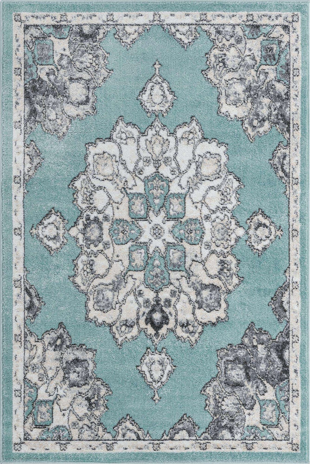 Aqua 4' x 6' Parker Rectangle Area Rug Traditional Motif Classic Design Stain Resistant Carpet for Living, Dining, Bedrooms, Kitchen, Office for Sale at Rug Engine