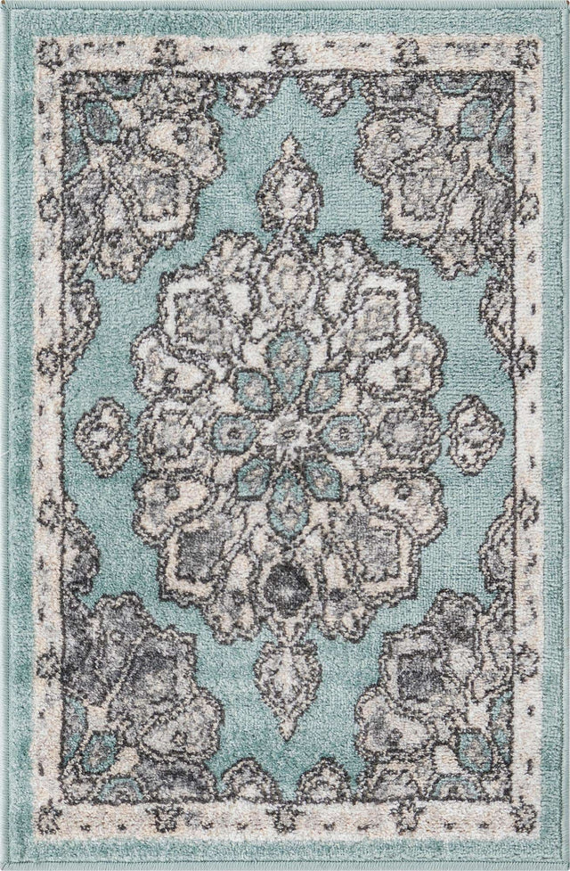 Aqua 2' x 3' Parker Rectangle Area Rug Traditional Motif Classic Design Stain Resistant Carpet for Living, Dining, Bedrooms, Kitchen, Office for Sale at Rug Engine