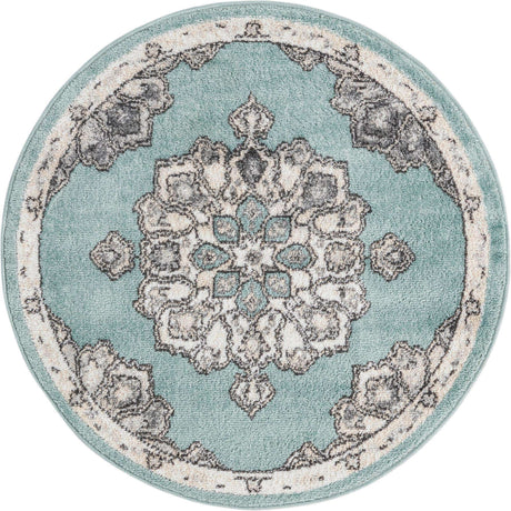 Aqua 3' 3 x 3' 3 Parker Round Area Rug Traditional Motif Classic Design Stain Resistant Carpet for Living, Dining, Bedrooms, Kitchen, Office for Sale at Rug Engine