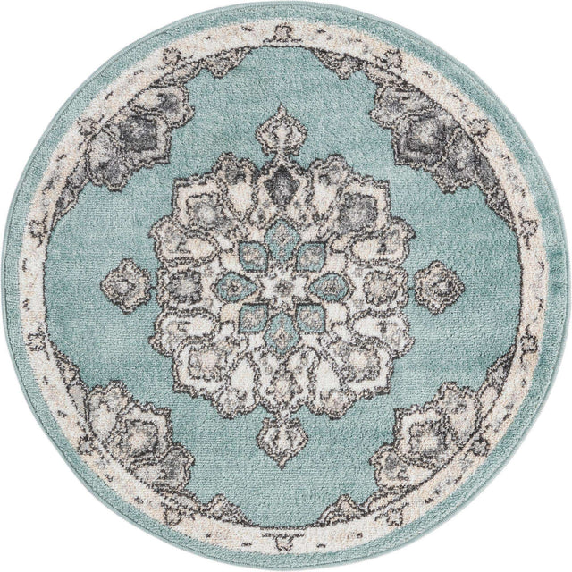 Aqua 3' 3 x 3' 3 Parker Round Area Rug Traditional Motif Classic Design Stain Resistant Carpet for Living, Dining, Bedrooms, Kitchen, Office for Sale at Rug Engine