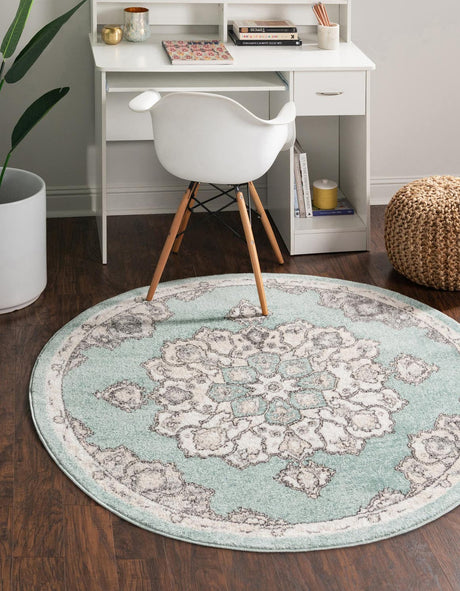 Aqua 3' 3 x 3' 3 Parker Round Area Rug Traditional Motif Classic Design Stain Resistant Carpet for Living, Dining, Bedrooms, Kitchen, Office for Sale at Rug Engine