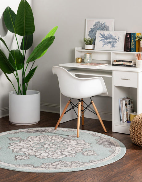 Aqua 3' 3 x 3' 3 Parker Round Area Rug Traditional Motif Classic Design Stain Resistant Carpet for Living, Dining, Bedrooms, Kitchen, Office for Sale at Rug Engine
